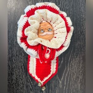 Kitsch Crocheted Santa Hard Plastic Face Wall Hanging Ornament w/Bells